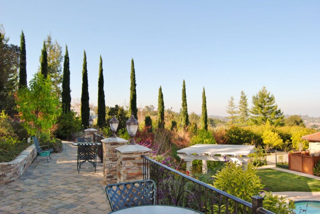 Elevated Garden Walkway with Stone Columns and Lush Plantings. Featuring Cypress Trees, Elegant Lighting, and Scenic Views for a Mediterranean-Style Landscape.