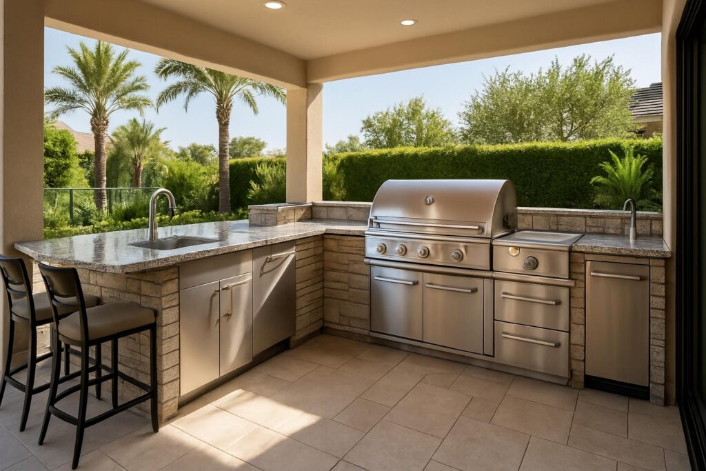 Covered outdoor kitchen with built-in grill, sink and stone counters